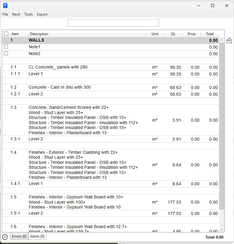 BIM2BOQ - Bill Of Quantities